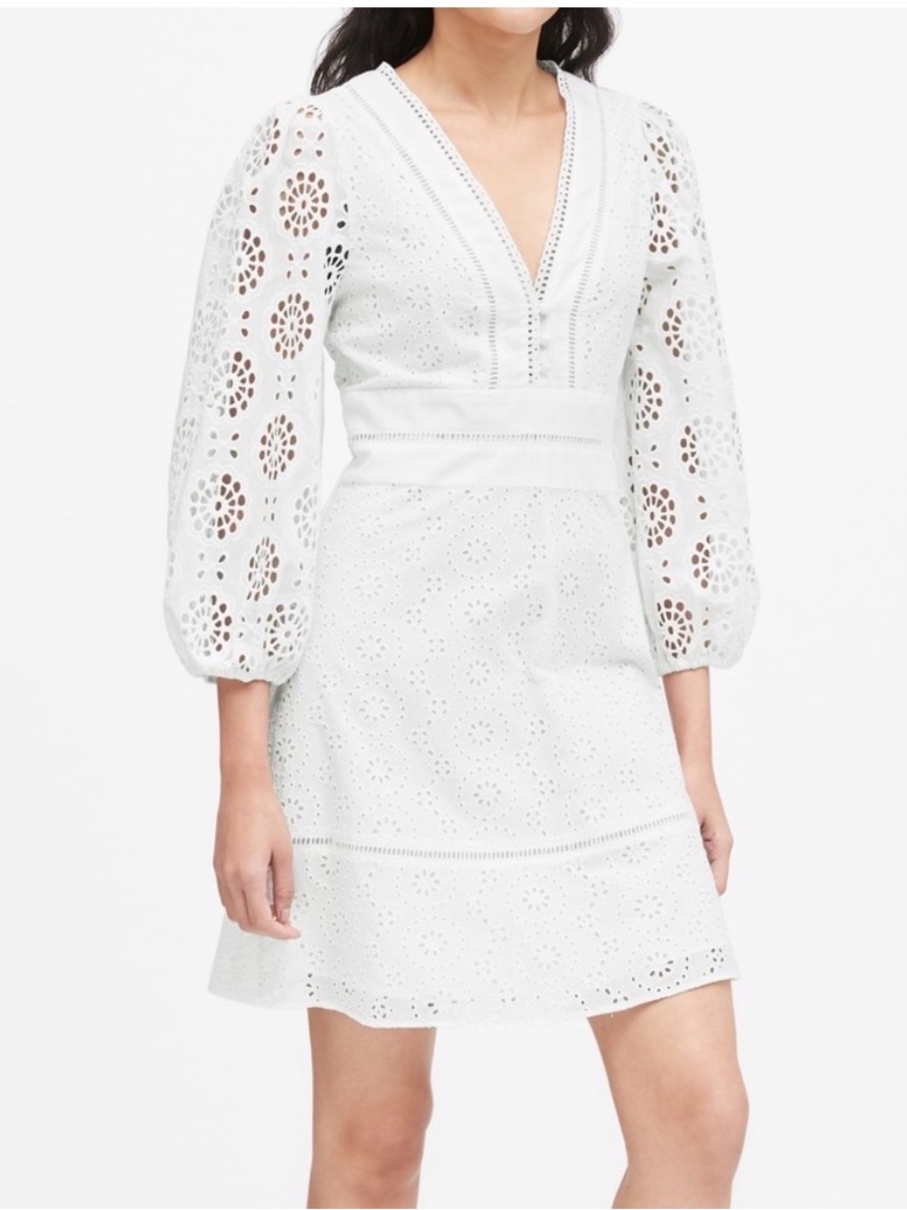 Banana Republic White Long Sleeve Eyelet Dress